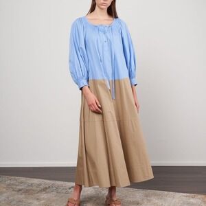 Lee Mathews Frankie Ruched Dress Blue Beige Colorblock Cotton Size 1